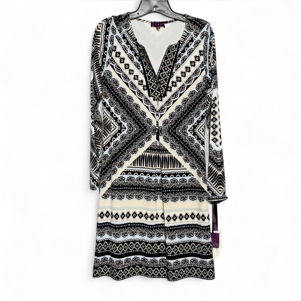 Hale Bob Geometric Pattern V-Neck Long Sleeve Dress • S
